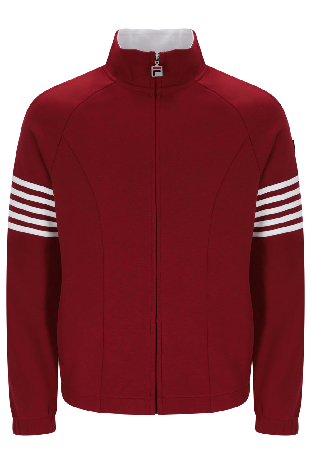 A red zip-up track jacket with a stand collar, featuring four white stripes on each sleeve and a small Fila logo on the zipper pull.