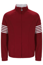 A red zip-up track jacket with a stand collar, featuring four white stripes on each sleeve and a small Fila logo on the zipper pull.