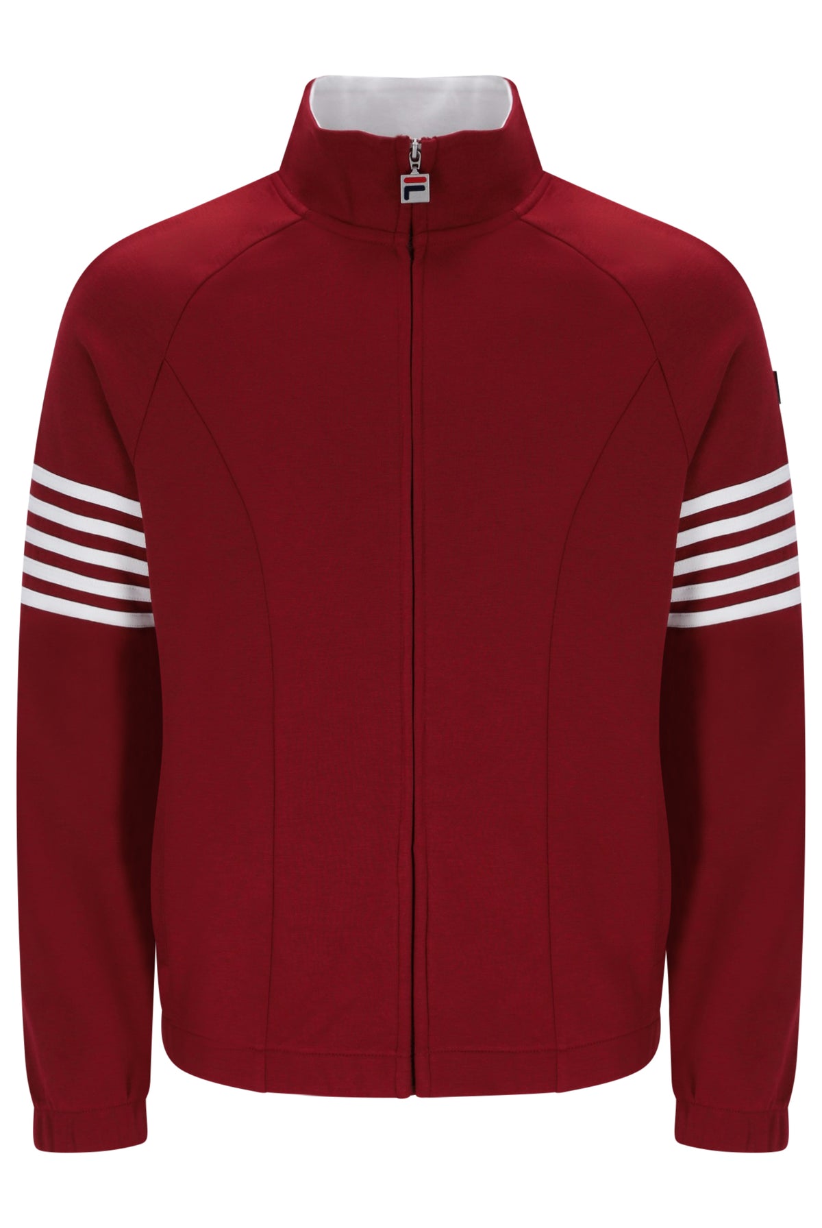 A red zip-up track jacket with a stand collar, featuring four white stripes on each sleeve and a small Fila logo on the zipper pull.