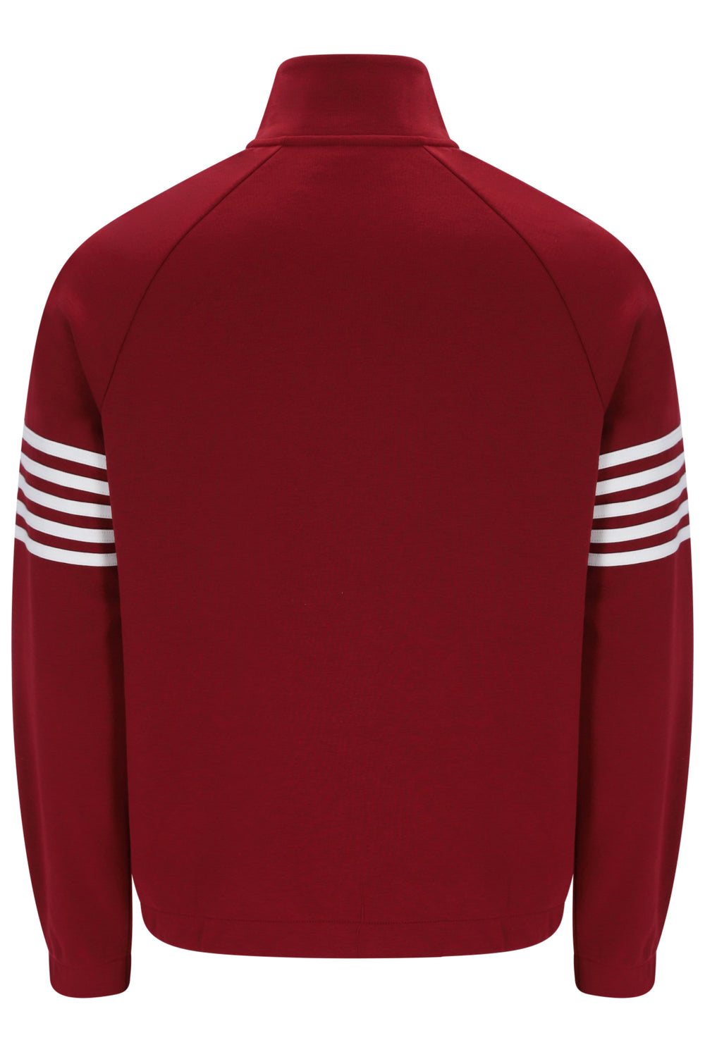 A dark red long-sleeve athletic jacket with a mock neck and white stripes on the upper sleeves, shown from the back against a plain white background.