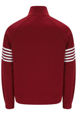 A dark red long-sleeve athletic jacket with a mock neck and white stripes on the upper sleeves, shown from the back against a plain white background.