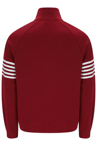 A dark red long-sleeve athletic jacket with a mock neck and white stripes on the upper sleeves, shown from the back against a plain white background.