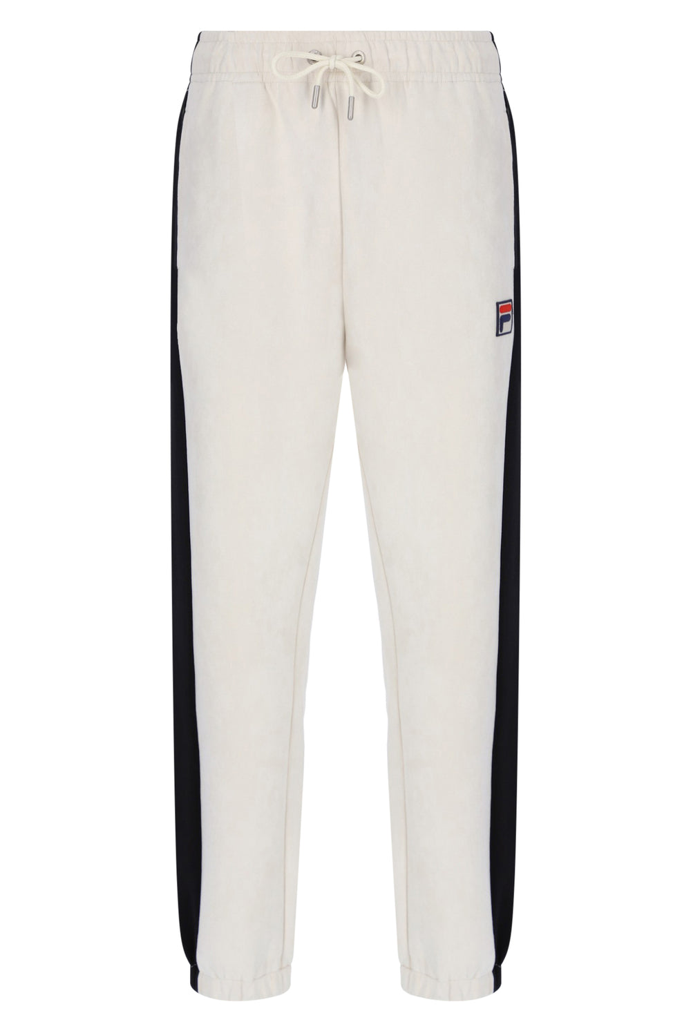 Off-white jogger sweatpants with black side stripes and a small Fila logo patch on the left thigh, featuring an elastic waistband with a drawstring.