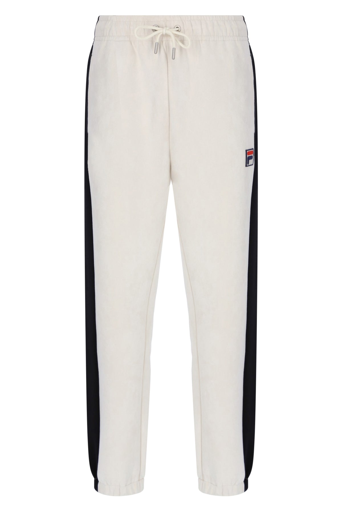 Off-white jogger sweatpants with black side stripes and a small Fila logo patch on the left thigh, featuring an elastic waistband with a drawstring.