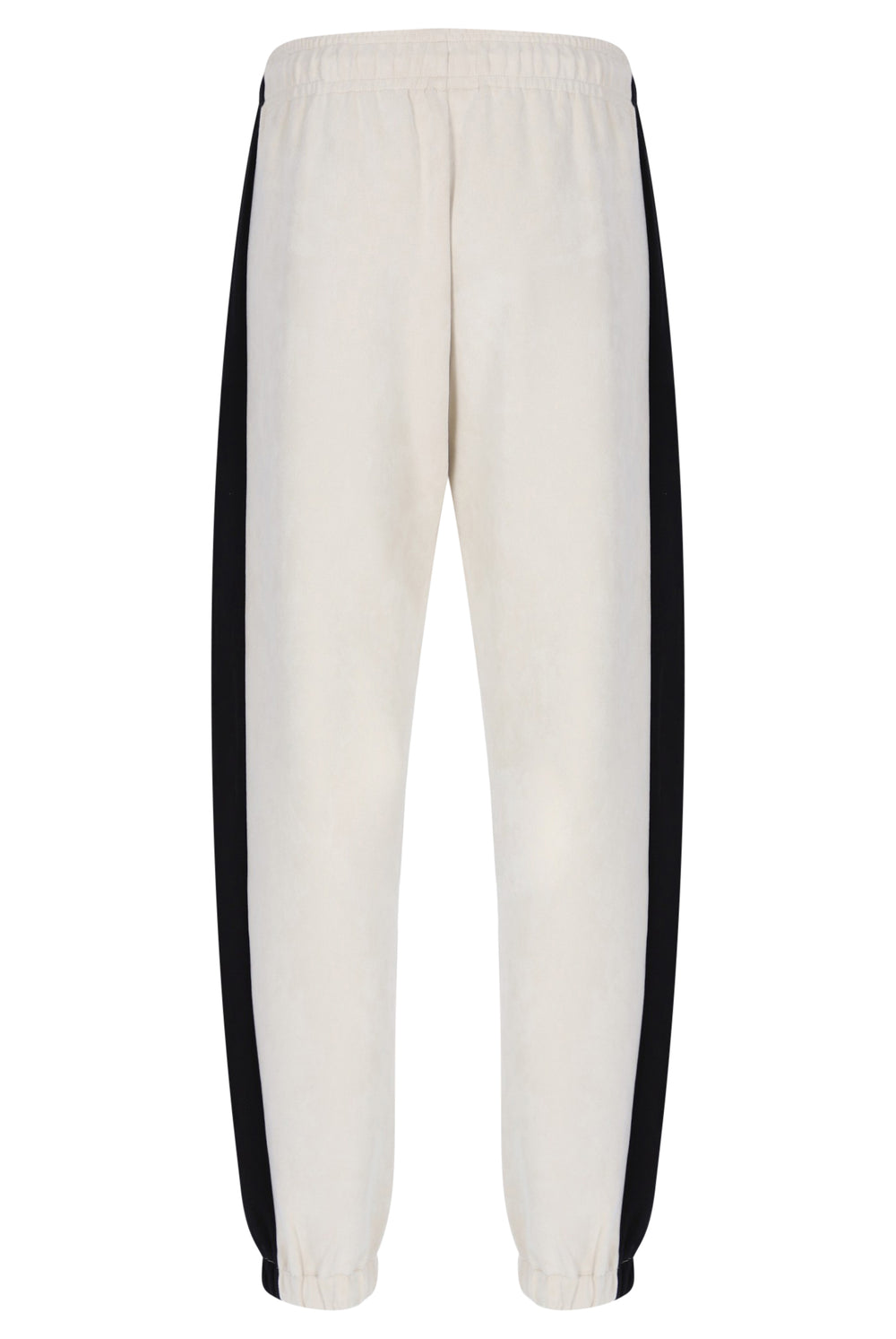 Off-white sweatpants with black side stripes, shown from the back against a plain white background.