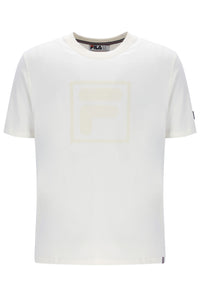 White t-shirt with a cream FILA logo printed on the chest and a classic FILA logo on the sleeve.