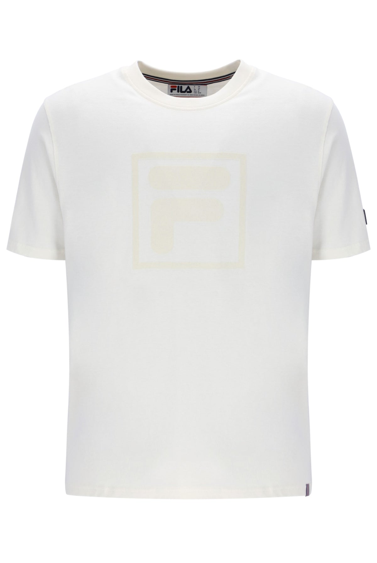 White t-shirt with a cream FILA logo printed on the chest and a classic FILA logo on the sleeve.