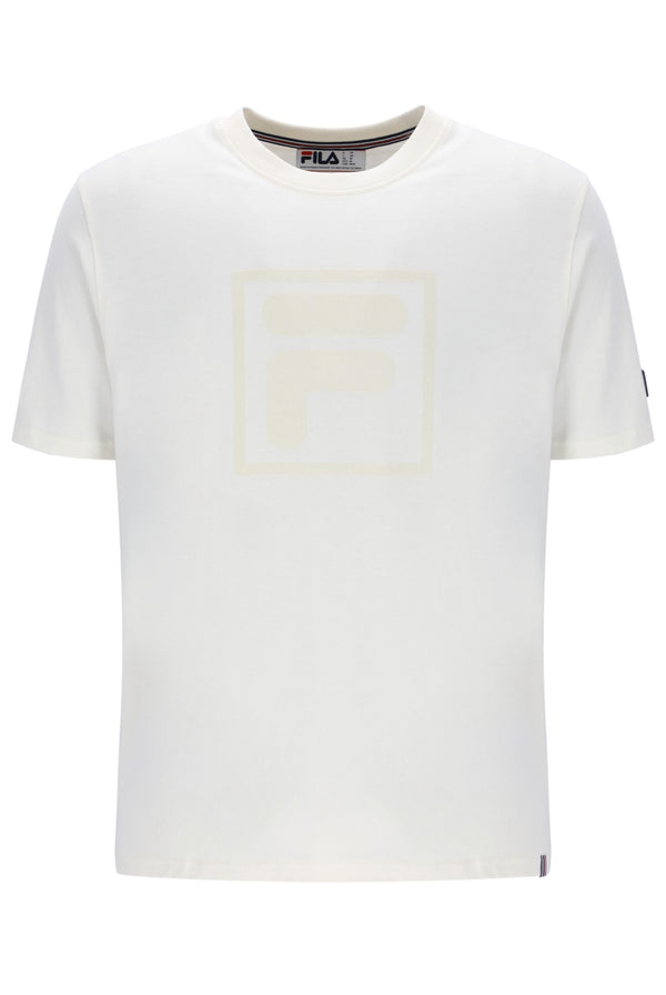 White t-shirt with a cream FILA logo printed on the chest and a classic FILA logo on the sleeve.