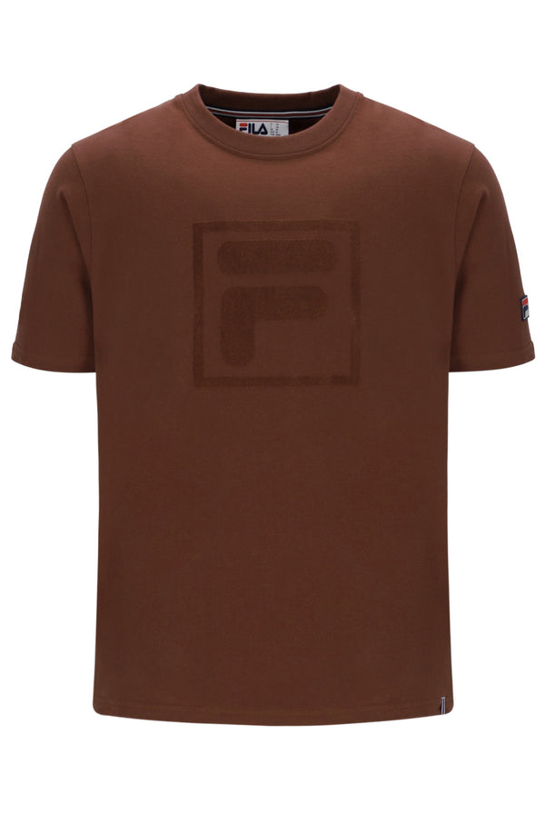 Brown t-shirt with a logo on a white background