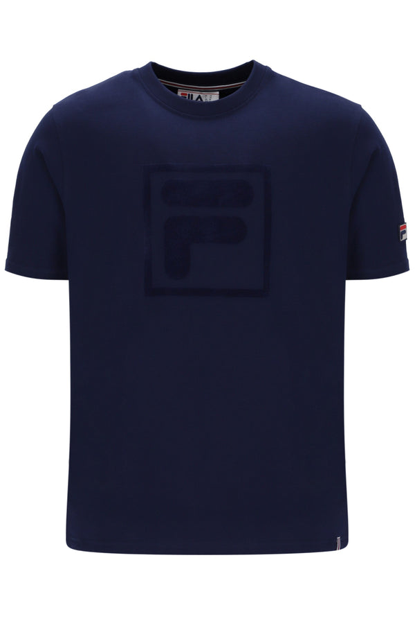 Navy blue t-shirt with a FILA logo on the chest and sleeve on a white background