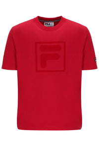 Red t-shirt with a logo on a white background