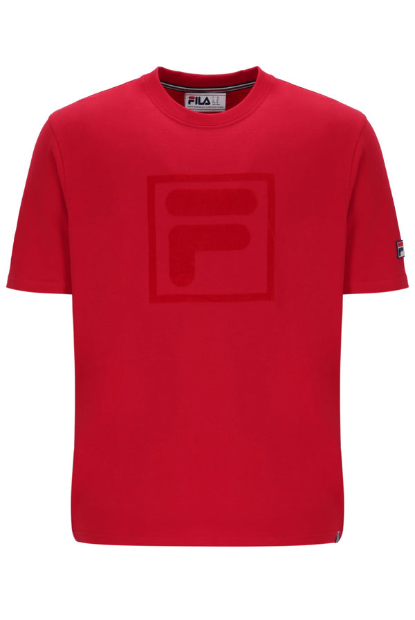 Red t-shirt with a logo on a white background