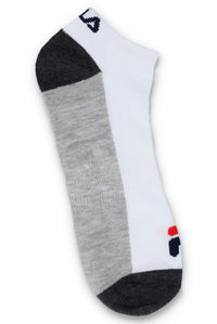FILA branded sock in white, red, and grey colours displayed on a hanger.