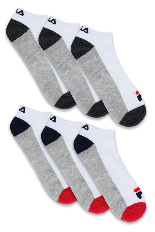A pack of six FILA branded socks in white, red, and grey colours displayed on a hanger.