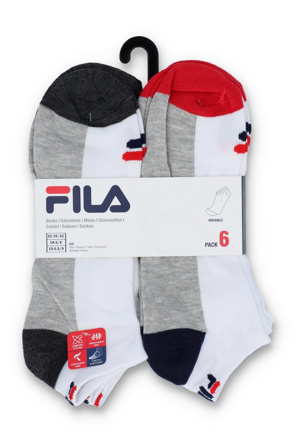 A pack of six FILA branded socks in white, red, and grey colours displayed on a hanger.