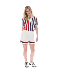 Displays a model wearing the Porto 'Fila' branded Knitted Crochet Stripe Polo