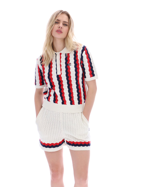 Displays a model wearing the Porto 'Fila' branded Knitted Crochet Stripe Polo