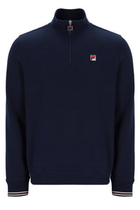 Navy blue sweatshirt with a small logo on a white background