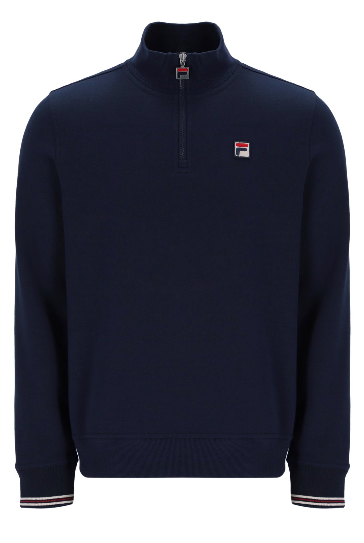 Navy blue sweatshirt with a small logo on a white background