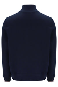 Navy blue sweatshirt with a high collar on a white background
