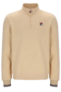 Beige quarter zip sweatshirt with a FILA logo on a white background