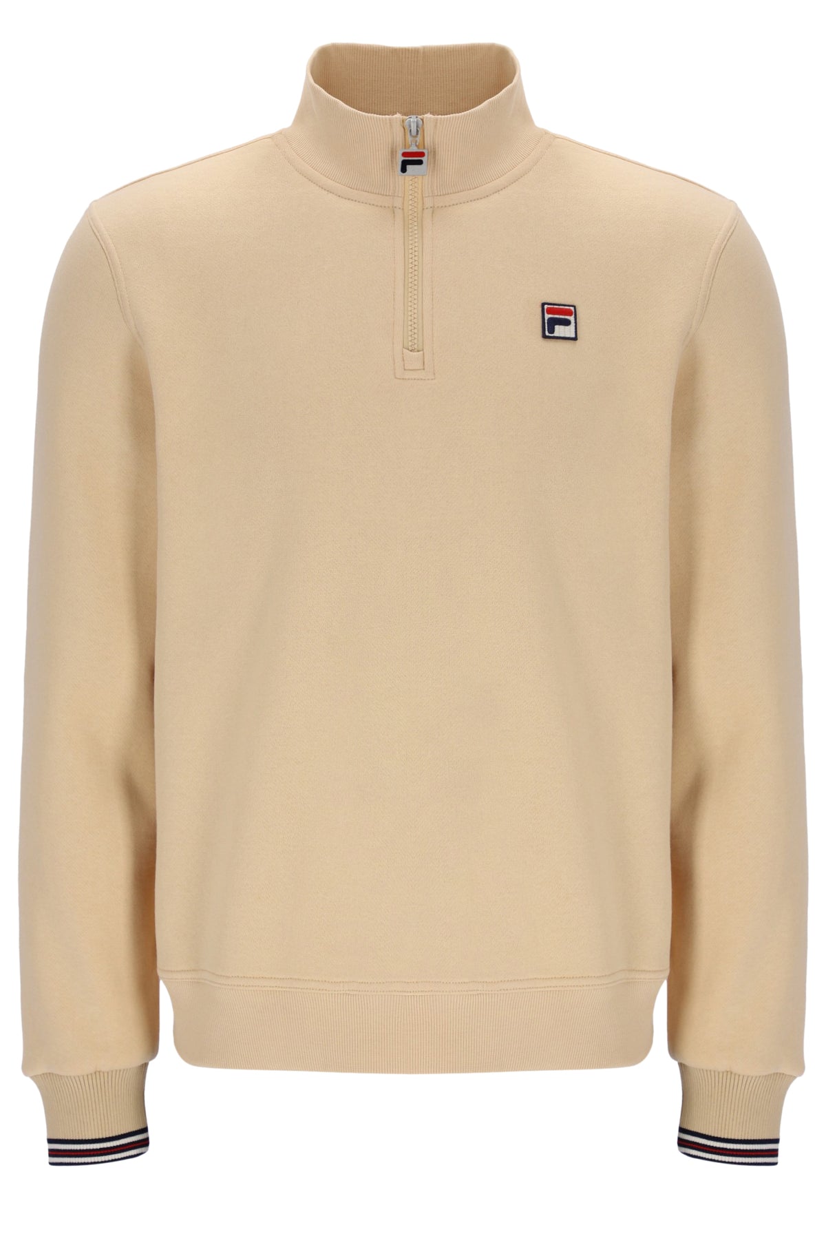 Beige quarter zip sweatshirt with a FILA logo on a white background