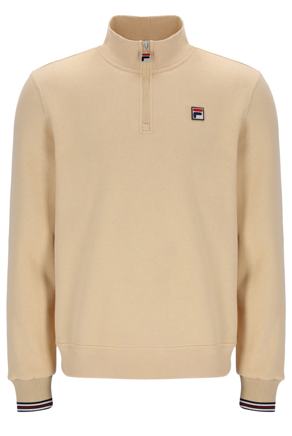 Beige quarter zip sweatshirt with a FILA logo on a white background