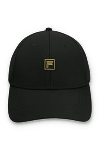 Black cap with a gold FILA logo on a white background