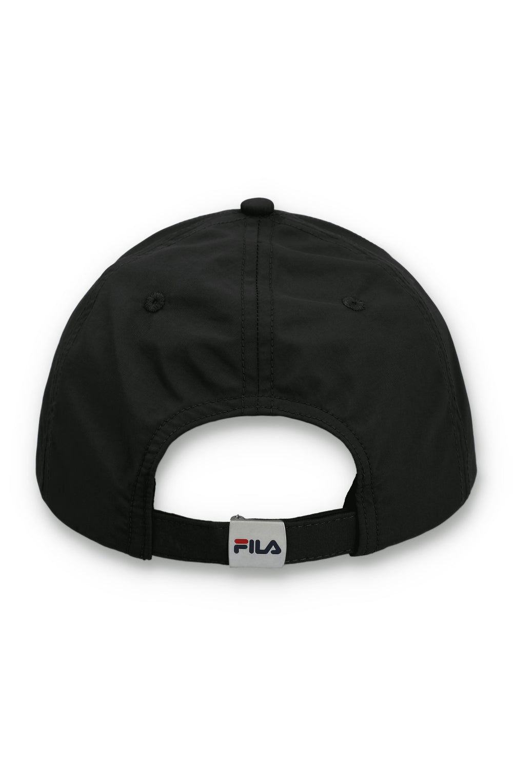 Black cap with a FILA logo on the strap on a white background