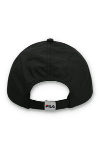 Black cap with a FILA logo on the strap on a white background