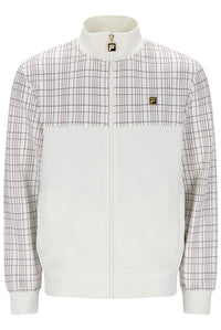 A white zip-up jacket with a high collar, featuring a white and red plaid pattern on the upper chest and sleeves, and a small gold-tone logo patch on the left chest.