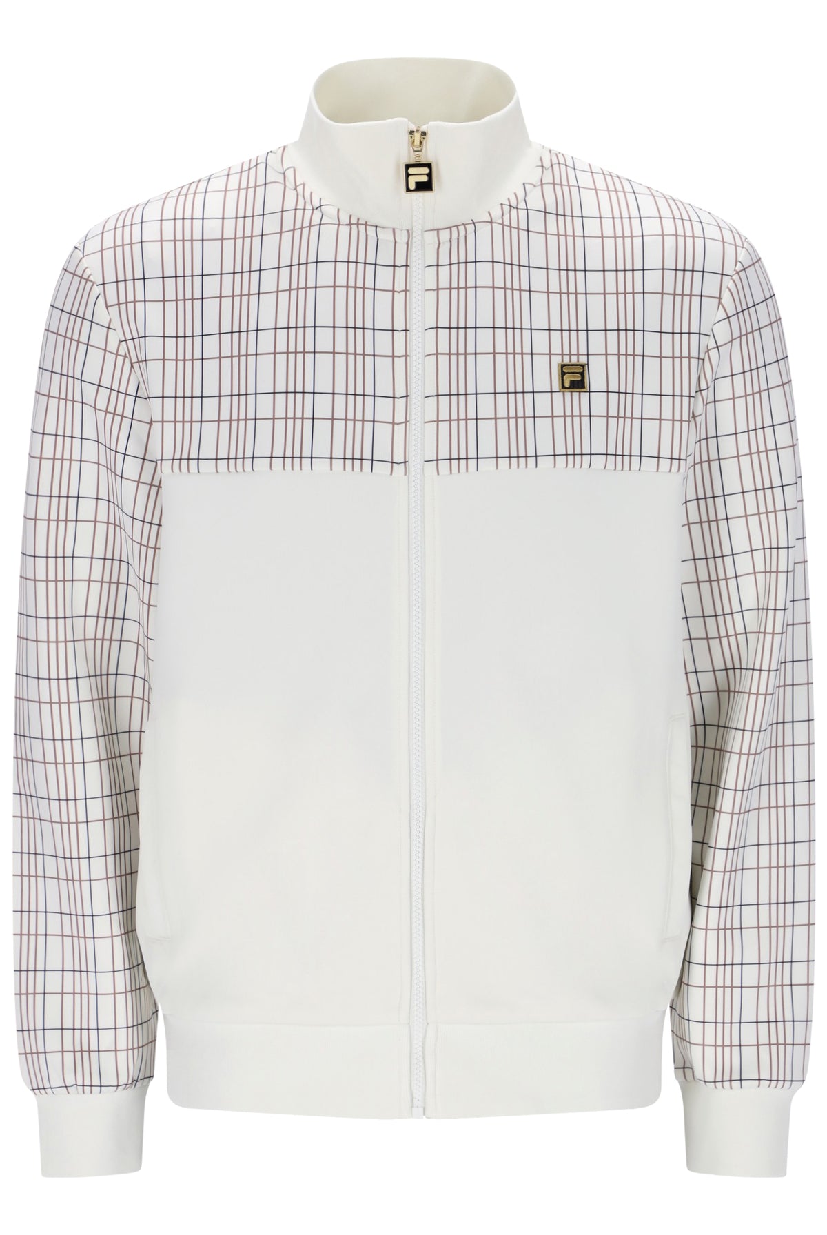 A white zip-up jacket with a high collar, featuring a white and red plaid pattern on the upper chest and sleeves, and a small gold-tone logo patch on the left chest.