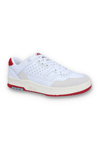 A white Rissmo Low Basketball Trainer with red accents and a grey sole.
