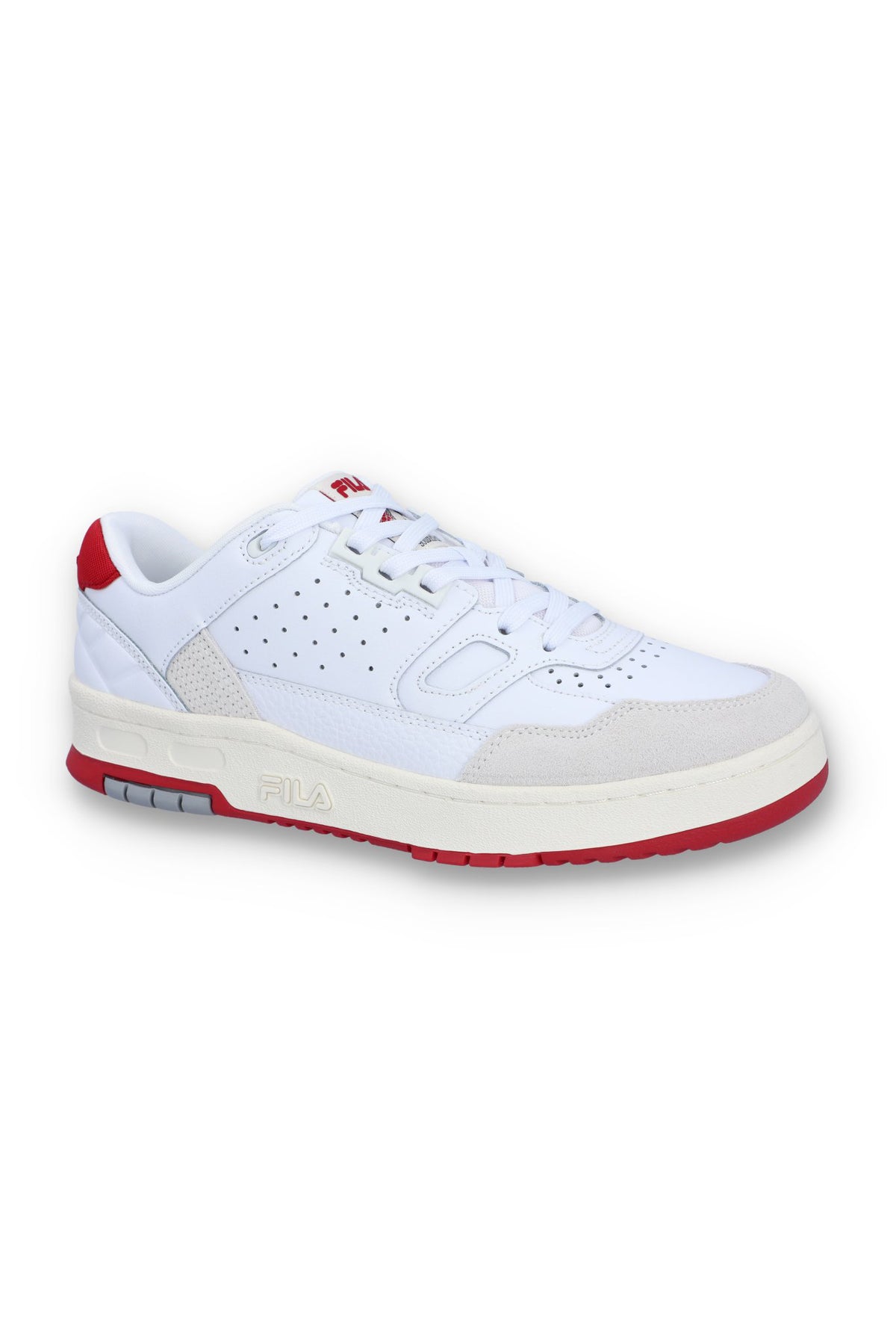 A white Rissmo Low Basketball Trainer with red accents and a grey sole.