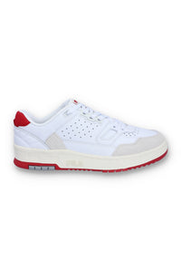 A white Rissmo Low Basketball Trainer with red accents and a grey sole.