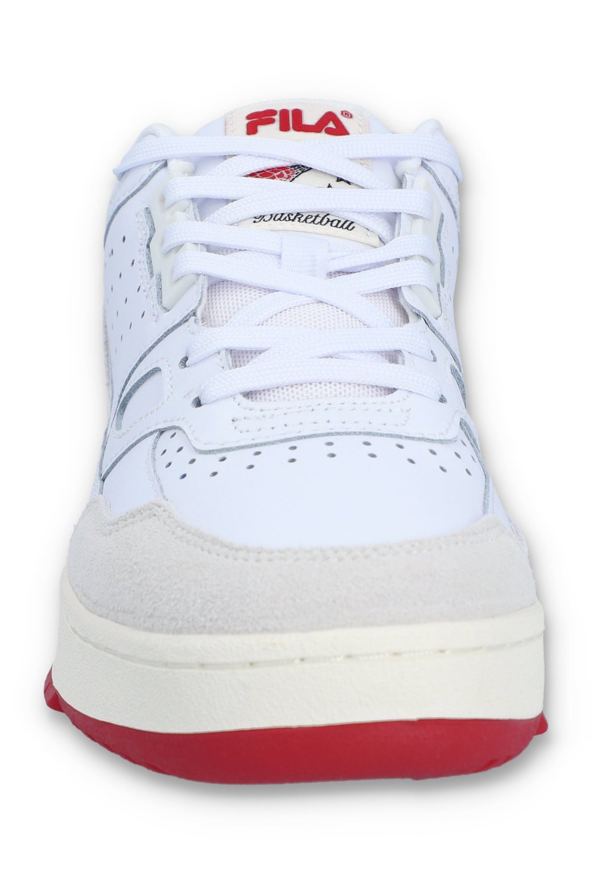 A white Rissmo Low Basketball Trainer with red accents and a grey sole.