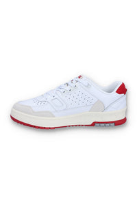 A white Rissmo Low Basketball Trainer with red accents and a grey sole.