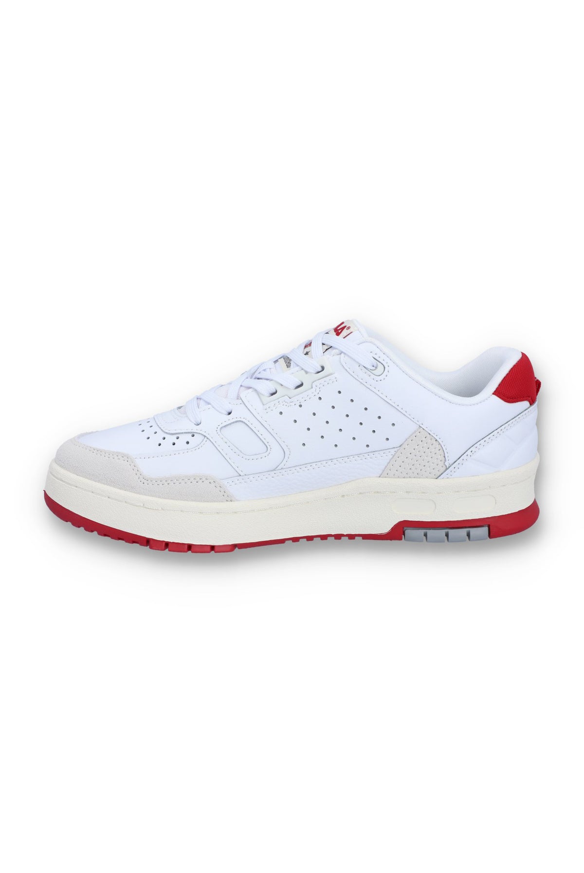 A white Rissmo Low Basketball Trainer with red accents and a grey sole.