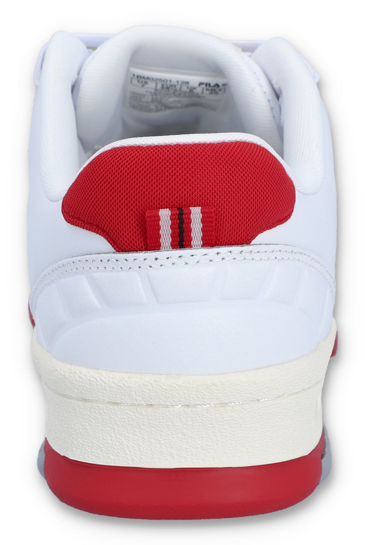A white Rissmo Low Basketball Trainer with red accents and a grey sole.