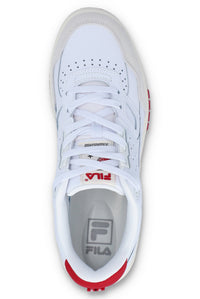 A white Rissmo Low Basketball Trainer with red accents and a grey sole.