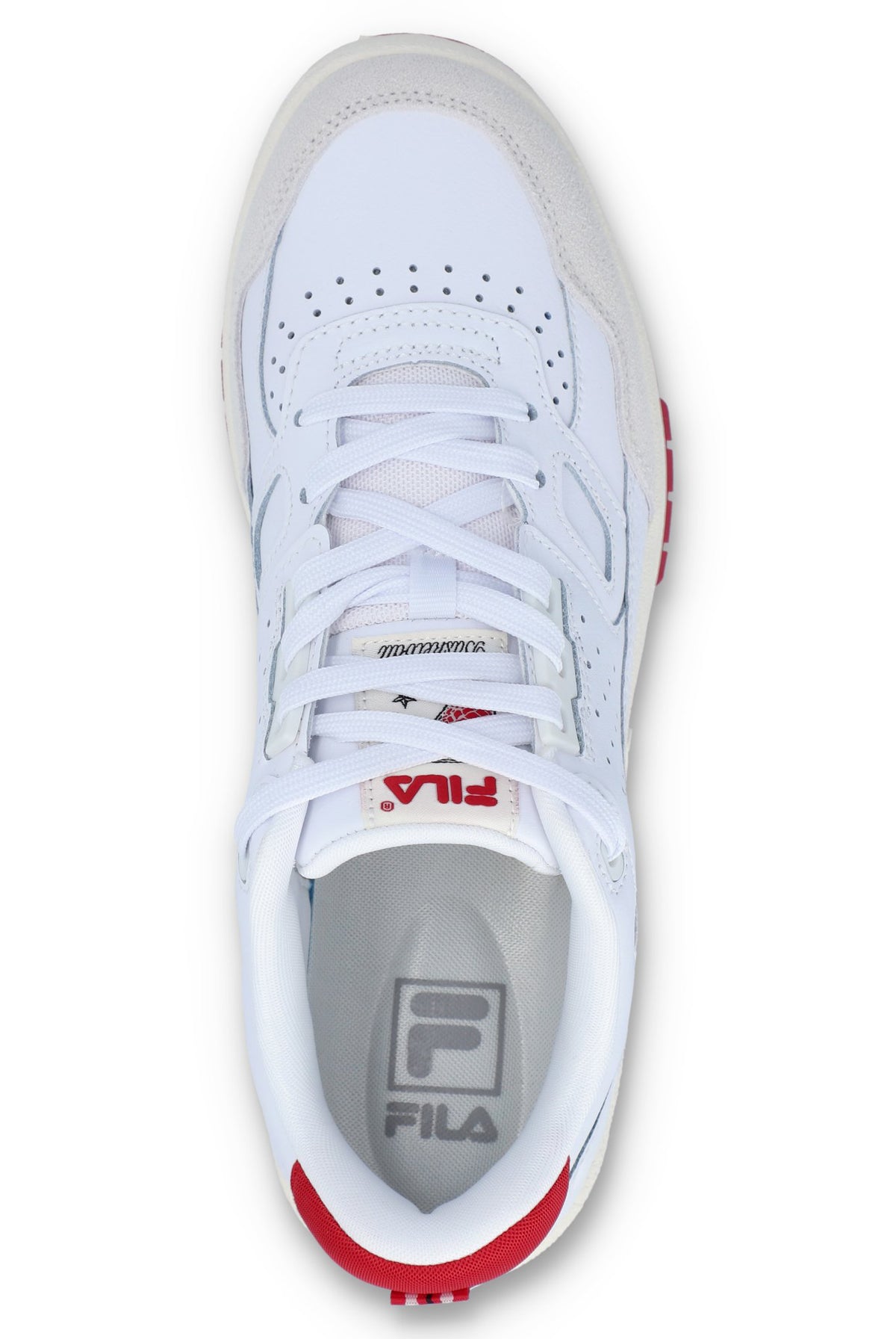A white Rissmo Low Basketball Trainer with red accents and a grey sole.
