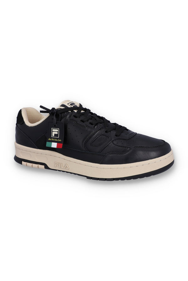 A black FILA low basketball trainer with lace-up closure and the FILA logo on the side.