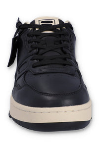 A black FILA low basketball trainer with lace-up closure and the FILA logo on the tongue.