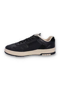 A black FILA low basketball trainer with lace-up closure.