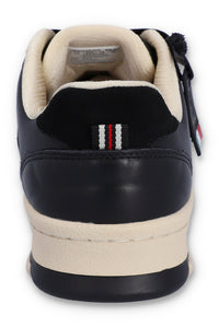 A black FILA low basketball trainer with lace-up closure and the striped detailing on the back pull-tab.
