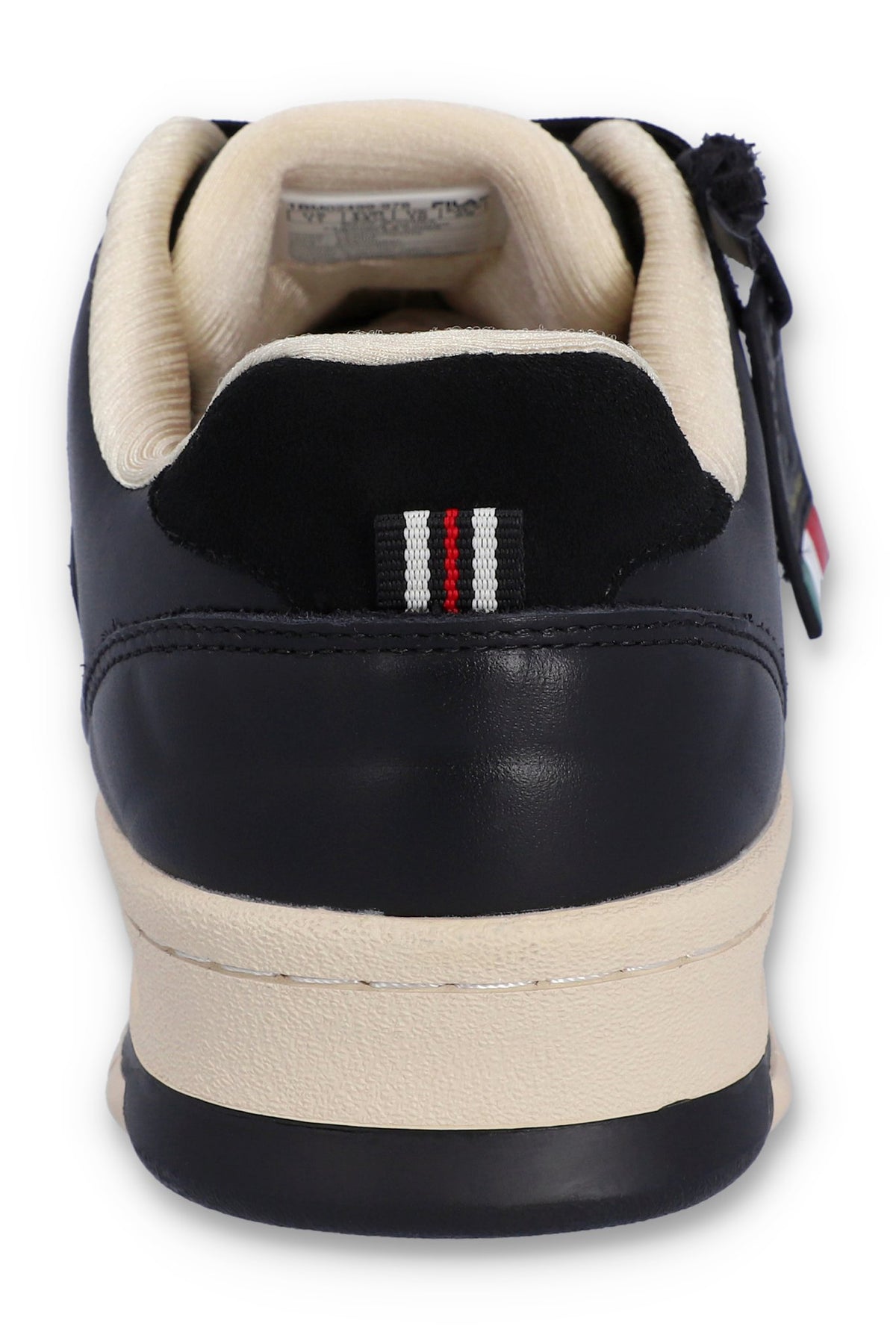 A black FILA low basketball trainer with lace-up closure and the striped detailing on the back pull-tab.