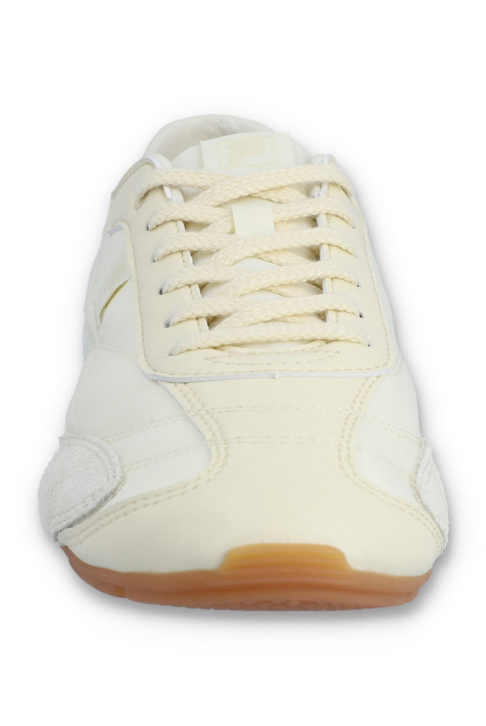 Front view of a FILA Ritmo trainer in off-white nylon, highlighting the textured light grey suede toe overlays, tonal cream laces, and a subtle embroidered logo on the tongue against a white background.