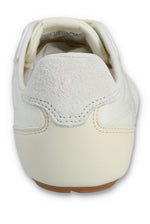 Rear view of a FILA Ritmo trainer in off-white, showcasing the textured light grey suede heel overlay, curved tonal stitching, cream nylon panels, and a glimpse of the size label inside the collar against a white background.
