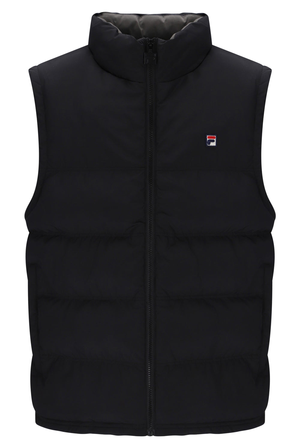 A black sleeveless puffer vest with a high stand-up collar and front zipper, featuring a small red, white, and blue Fila logo on the left chest, shown against a plain white background.