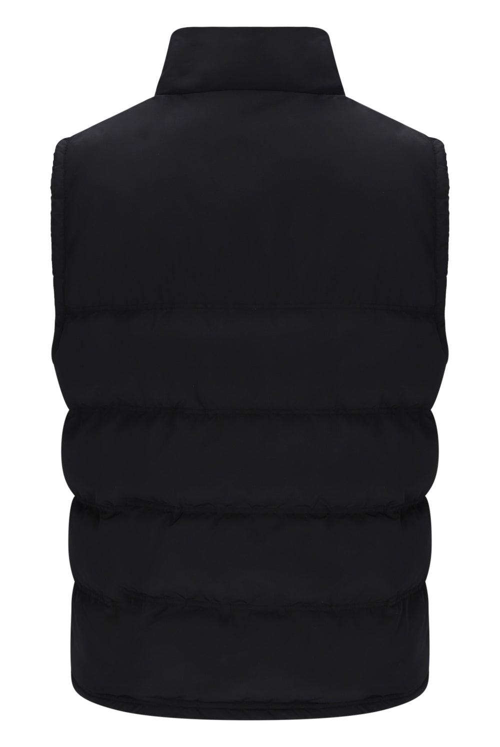 A black sleeveless puffer vest with horizontal quilting and a high stand-up collar, shown from the back on a plain white background.
